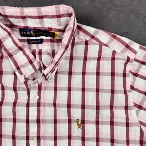 Ralph Lauren Shirt Mens XL Pink Maroon Plaid Classic Fit Button Up Long Sleeve